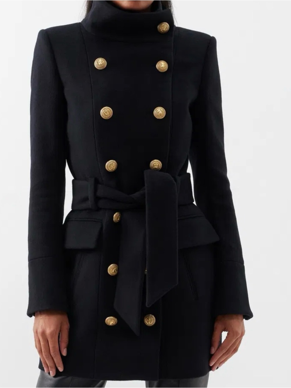 Balmain Black Wool Double-Breasted Coat with Gold Buttons
